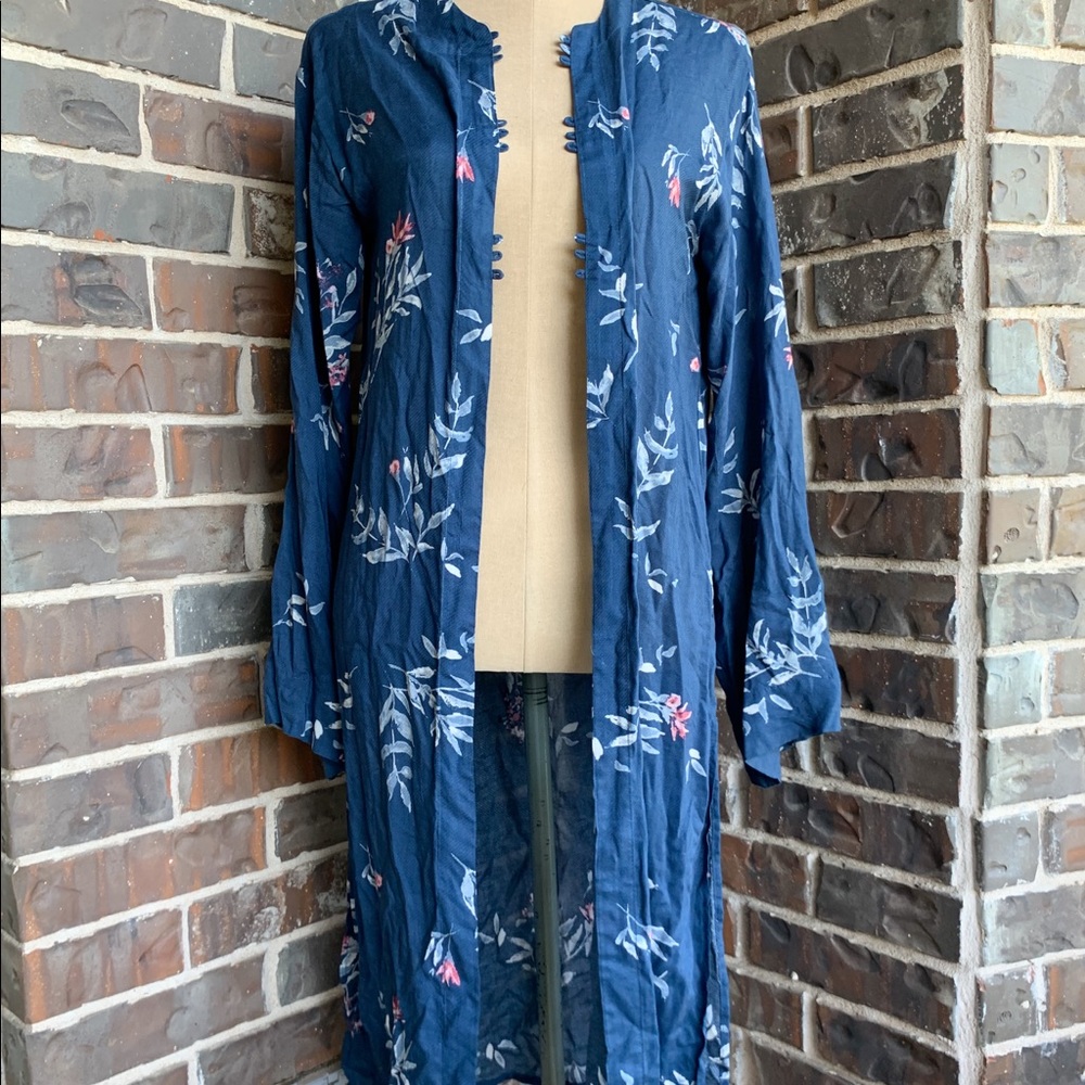Mid Length Kimono Floral Navy Long Sleeve - Small